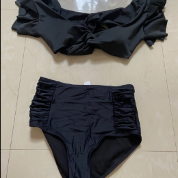 Puff Short Sleeves Bikini Set BLACK, high waist bottom size S - Picture 3 of 4